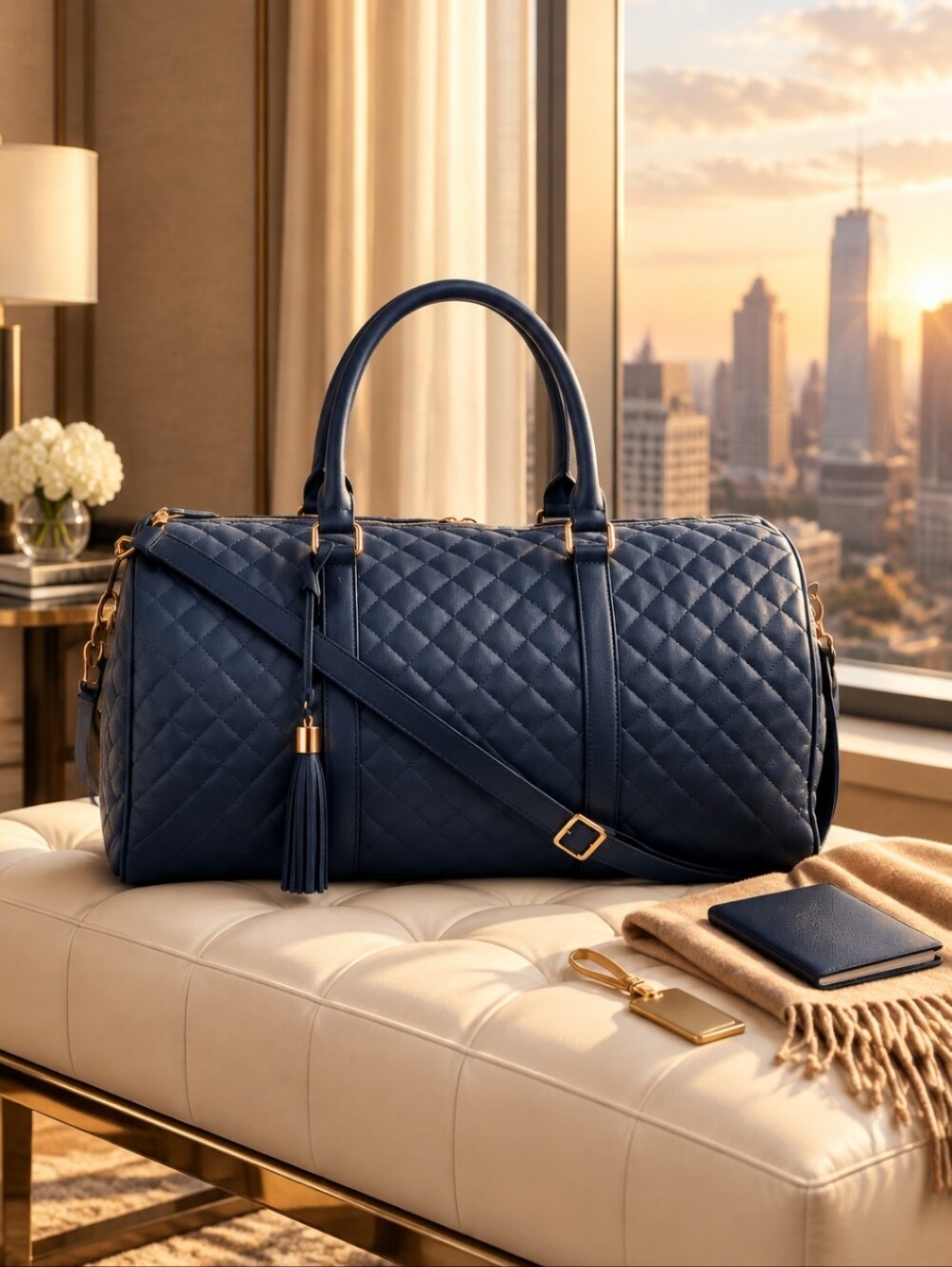 Quilted Dark Blue Travel Duffel Bag - Classic Women’s Weekender